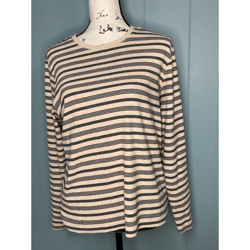 Liz Claiborne Long Sleeve Top Womens XL Tan Black Excellent Striped Ribbed Knit